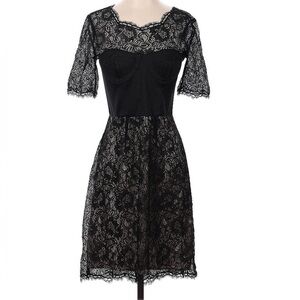 BCBGMAXAZRIA Sz 4 LBD. Bustier top, eyelash lace sleeves and décolletage.